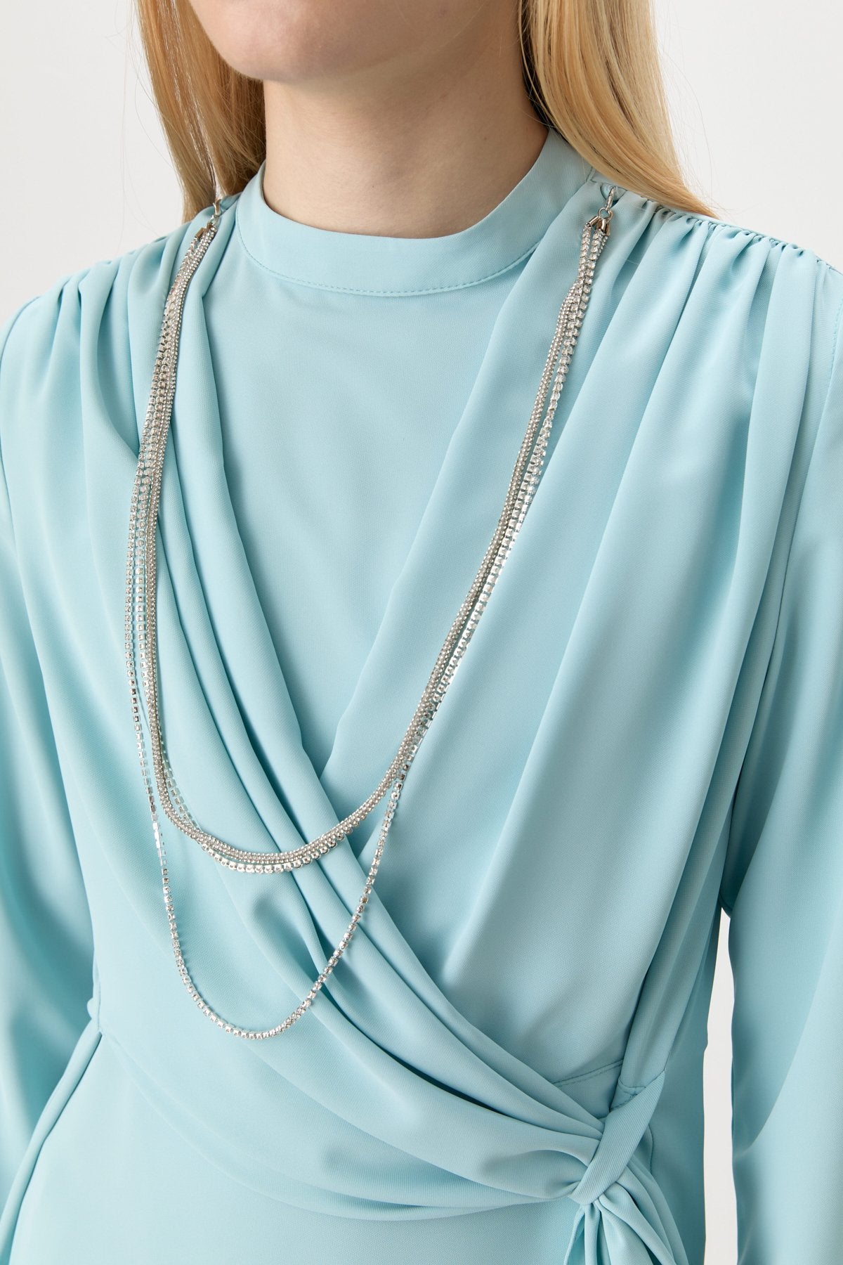 Büzgü Detaylı Şık Pantolon Tunik Takım - Aqua