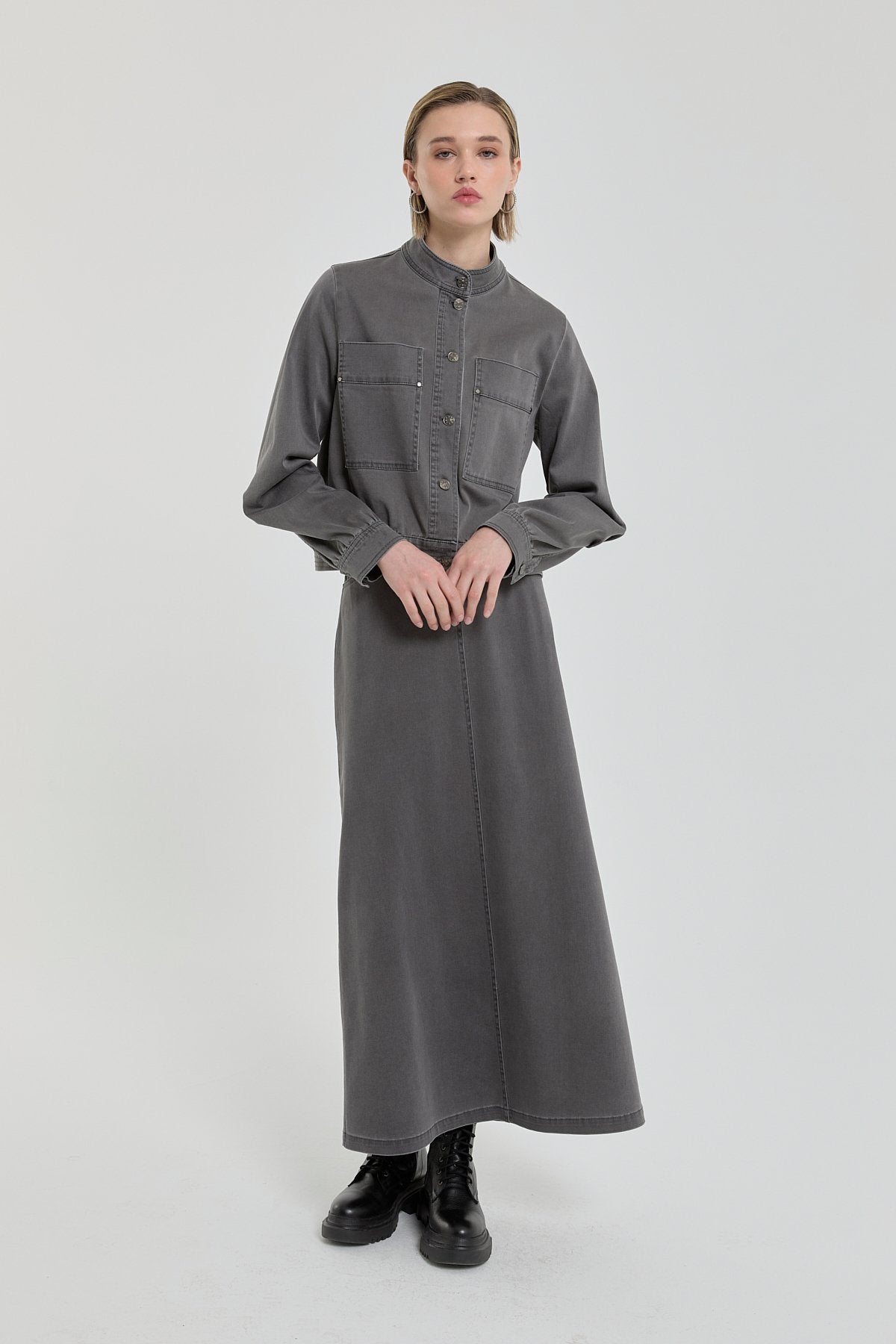Büzgü Detaylı Tencel Etek Ceket Takım - Füme