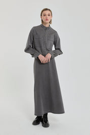 Büzgü Detaylı Tencel Etek Ceket Takım - Füme