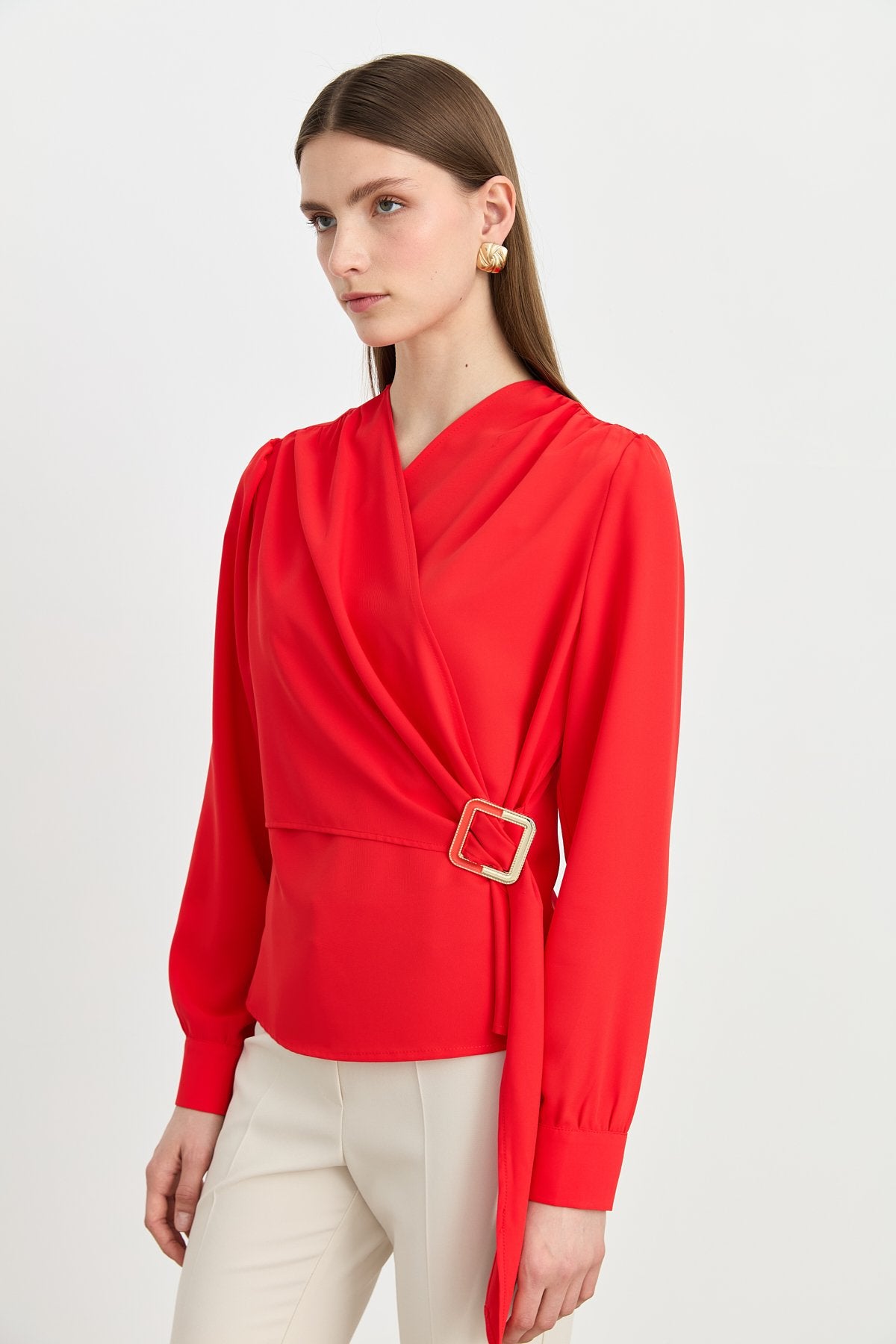 Elegant V-Neck Blouse with Gathered Detail - Coral