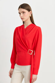 Elegant V-Neck Blouse with Gathered Detail - Coral