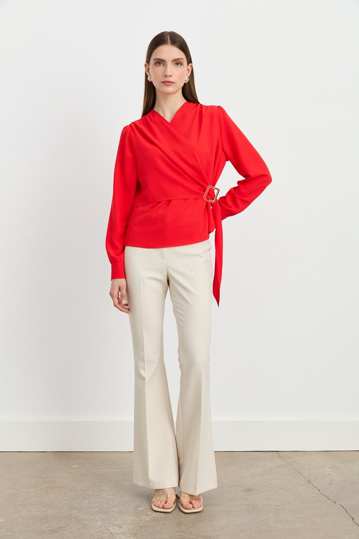 Elegant V-Neck Blouse with Gathered Detail - Coral