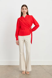 Elegant V-Neck Blouse with Gathered Detail - Coral