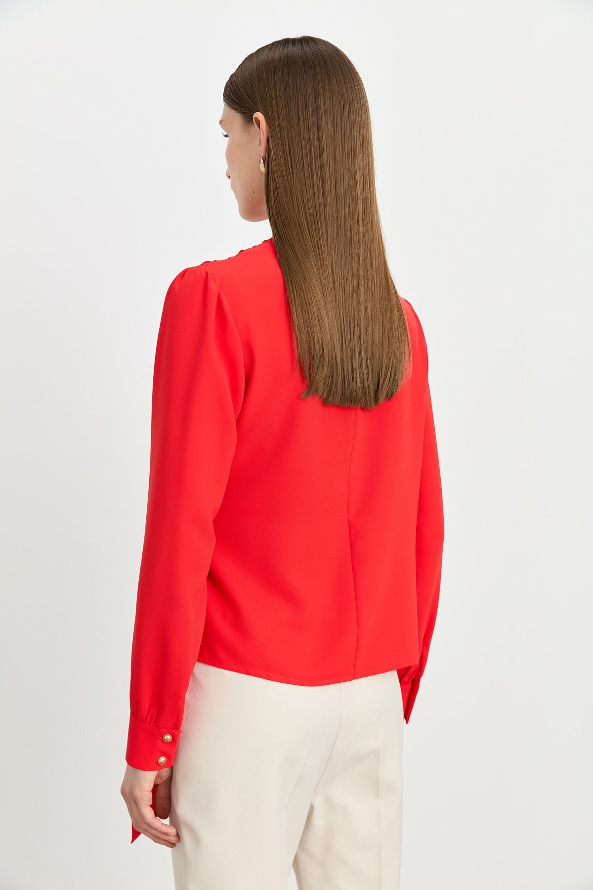 Elegant V-Neck Blouse with Gathered Detail - Coral