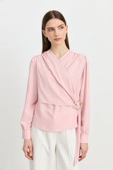Elegant V-Neck Blouse with Gathered Detail - Powder Pink