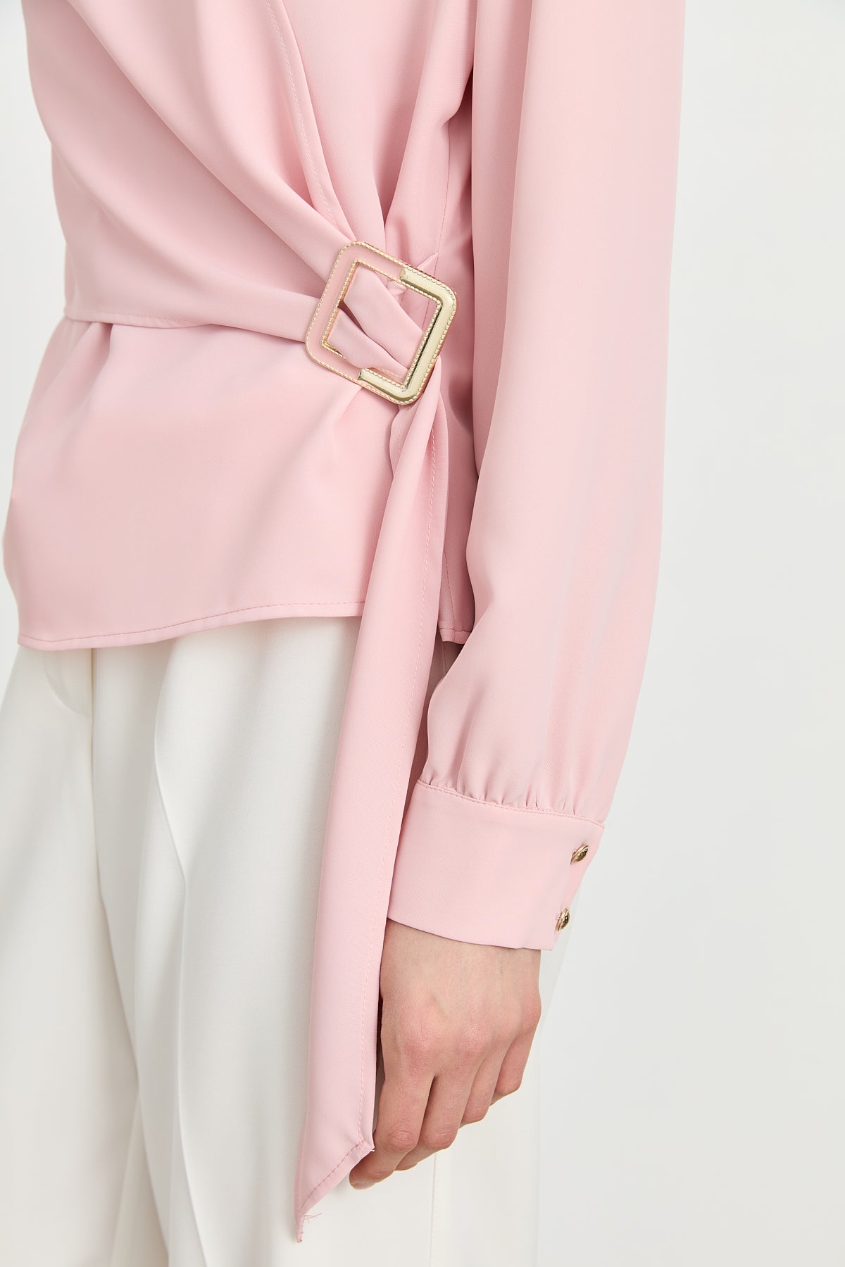 Elegant V-Neck Blouse with Gathered Detail - Powder Pink
