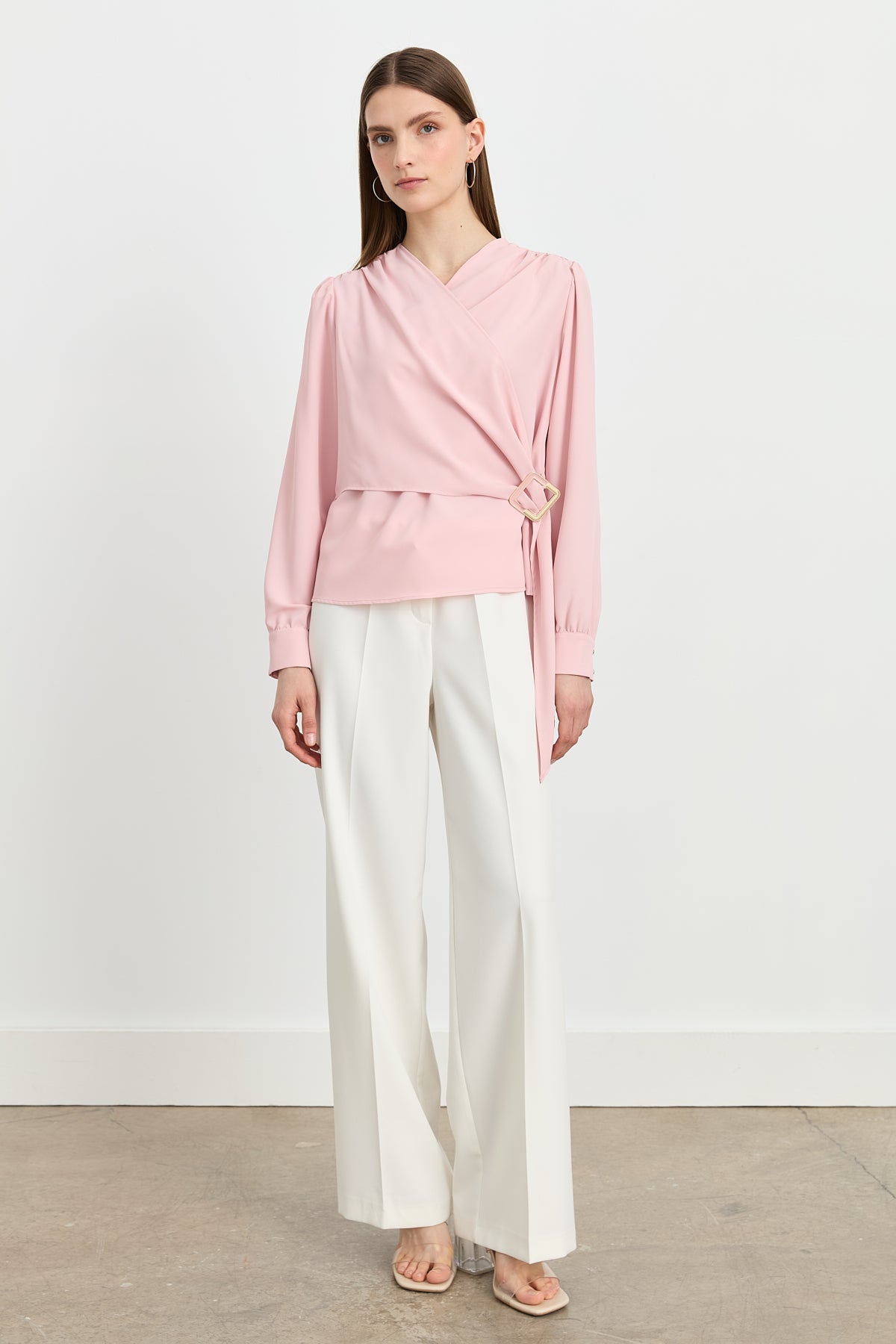 Elegant V-Neck Blouse with Gathered Detail - Powder Pink