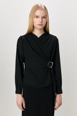Gathered Detail V-Neck Chic Blouse - Black