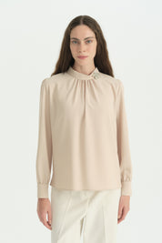 Gathered Brooch Detail Blouse - Beige
