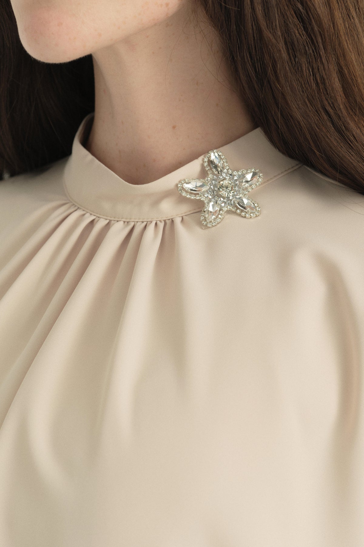 Gathered Brooch Detail Blouse - Beige
