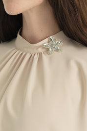 Gathered Brooch Detail Blouse - Beige