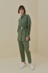 Casual Cotton Pants and Tunic Set - Khaki