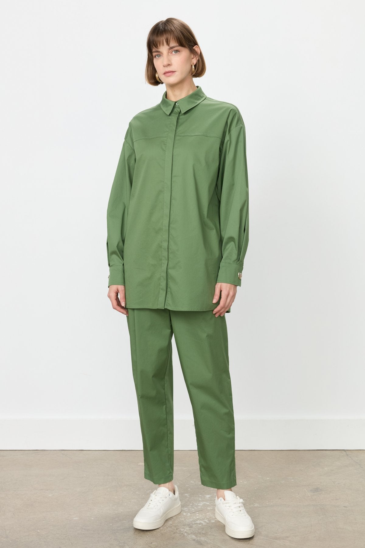 Casual Cotton Pants and Tunic Set - Khaki