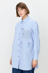Striped Shirt Tunic with Rhinestone Pockets - Blue