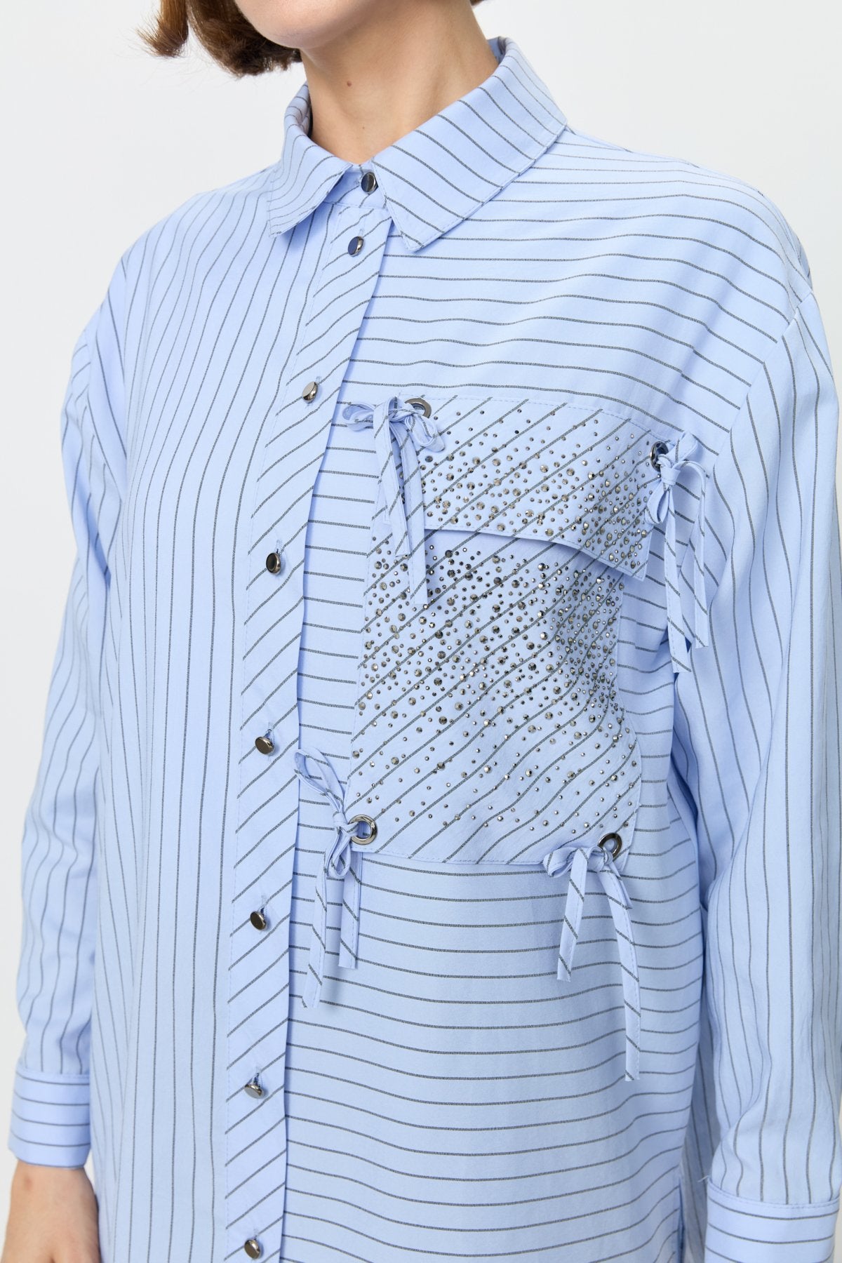 Striped Shirt Tunic with Rhinestone Pockets - Blue