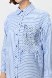 Striped Shirt Tunic with Rhinestone Pockets - Blue