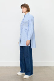 Striped Shirt Tunic with Rhinestone Pockets - Blue