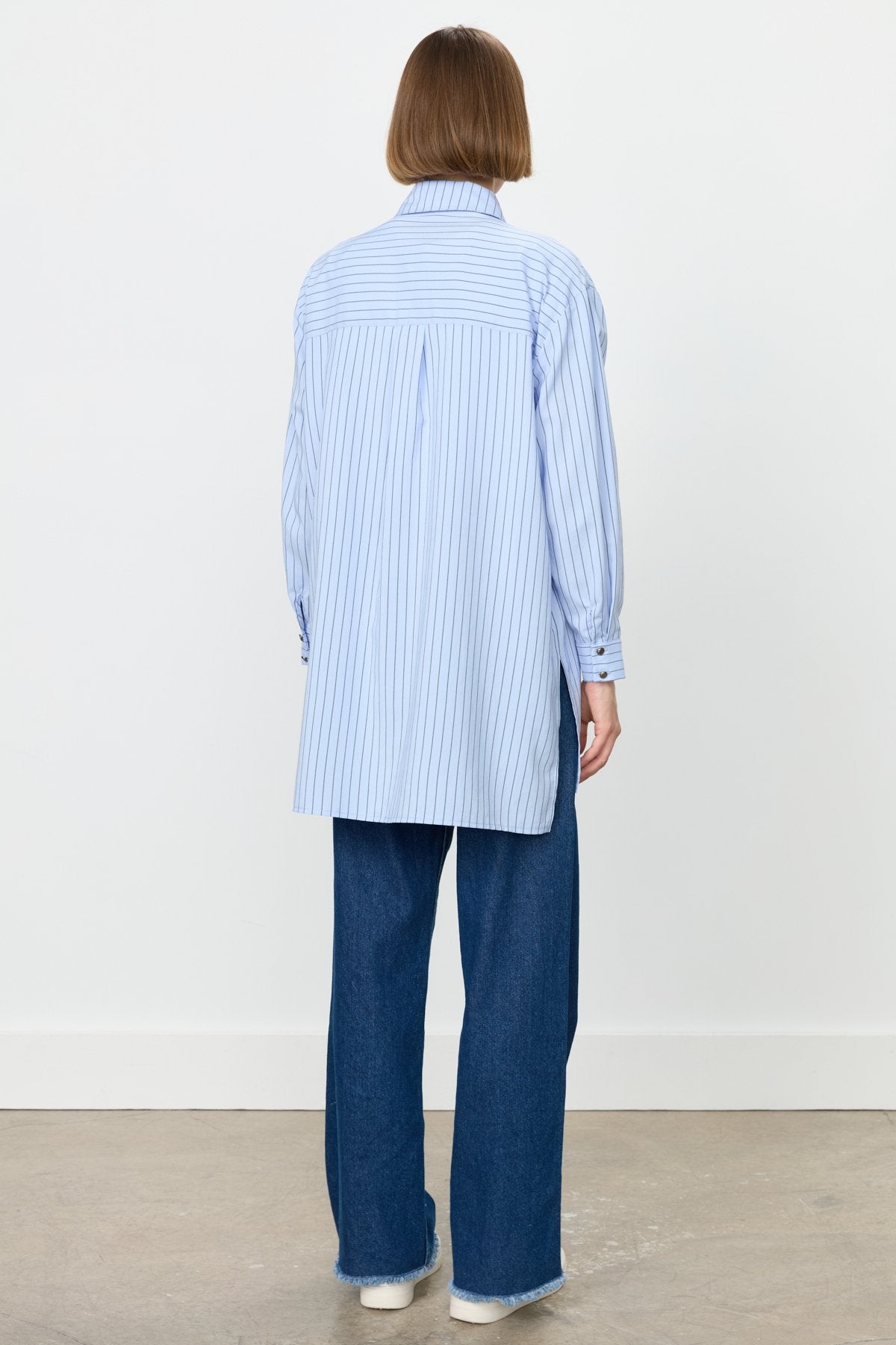 Striped Shirt Tunic with Rhinestone Pockets - Blue