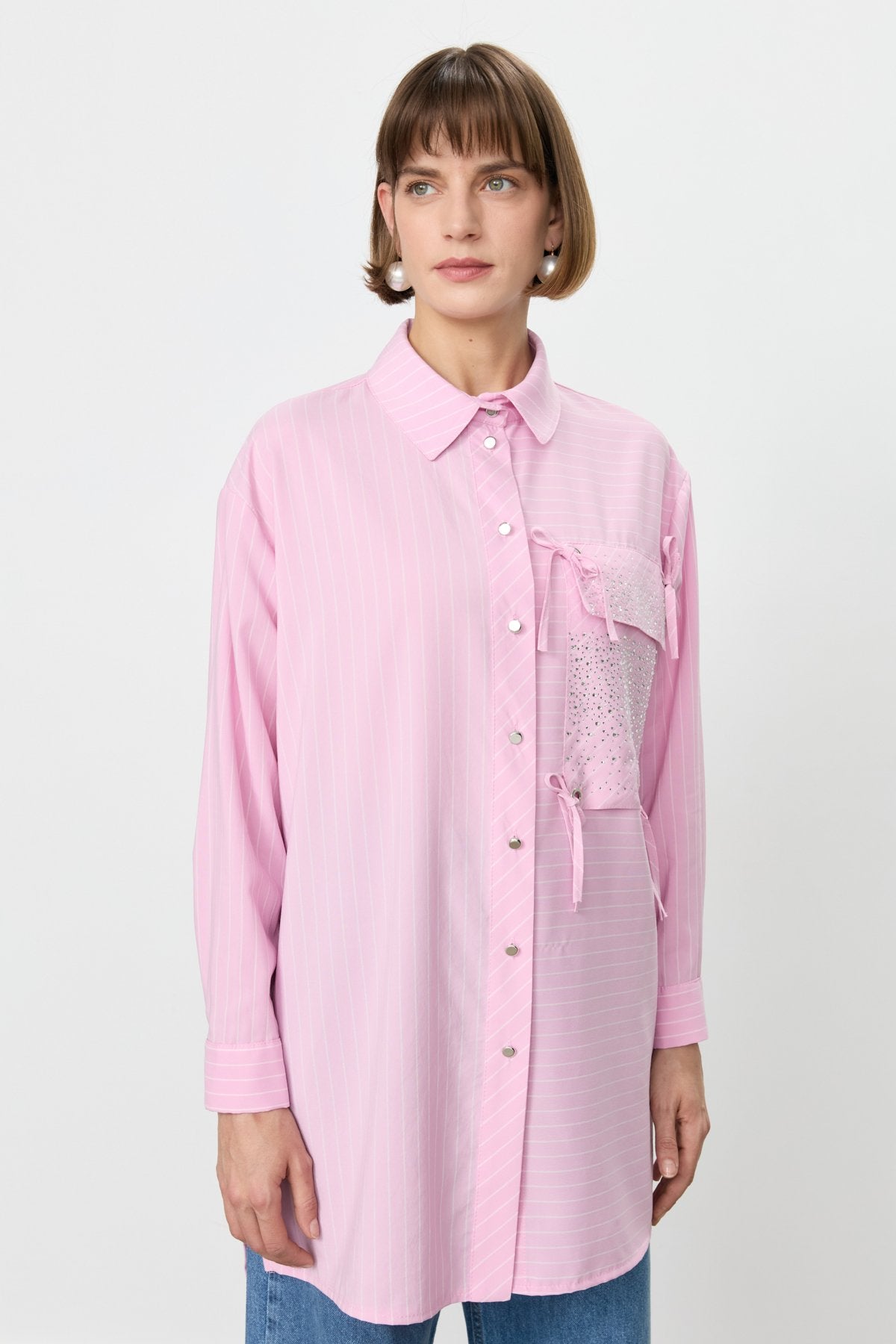 Cebi Taşlı Çizgili Gömlek Tunik - Pembe