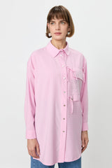 Striped Shirt Tunic with Rhinestone Pocket - Pink
