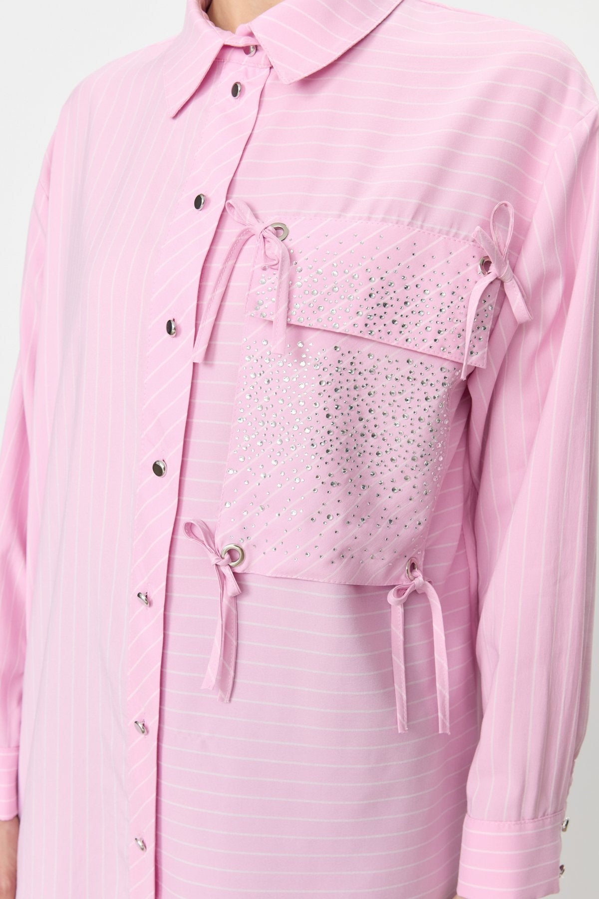 Striped Shirt Tunic with Rhinestone Pocket - Pink