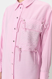 Striped Shirt Tunic with Rhinestone Pocket - Pink