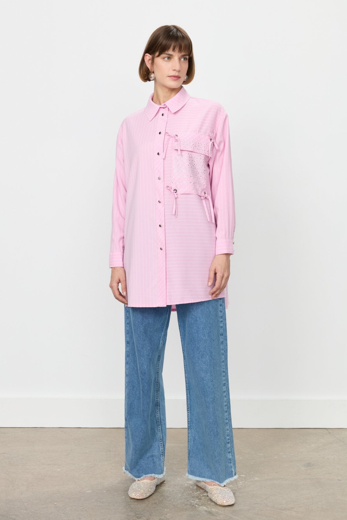 Striped Shirt Tunic with Rhinestone Pocket - Pink