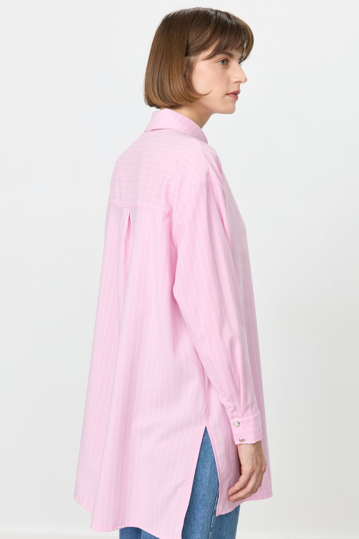 Striped Shirt Tunic with Rhinestone Pocket - Pink
