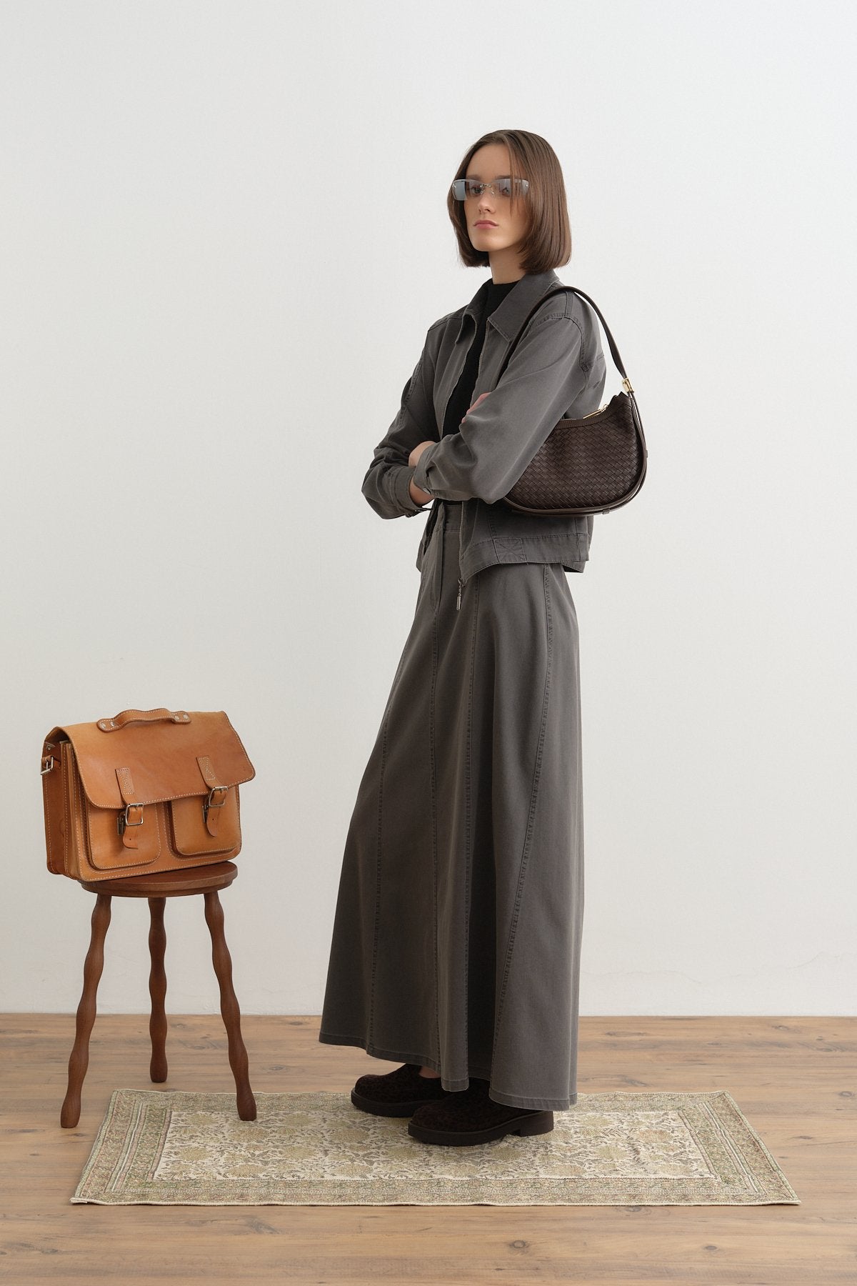 Denim Skirt and Jacket Set with Pocket Details - Dark Gray