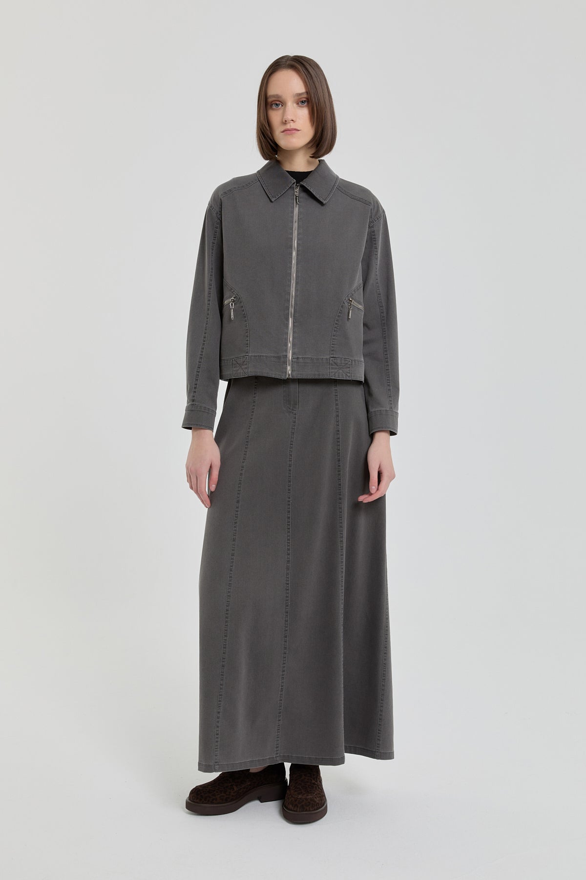 Denim Skirt and Jacket Set with Pocket Details - Dark Gray