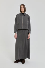 Denim Skirt and Jacket Set with Pocket Details - Dark Gray