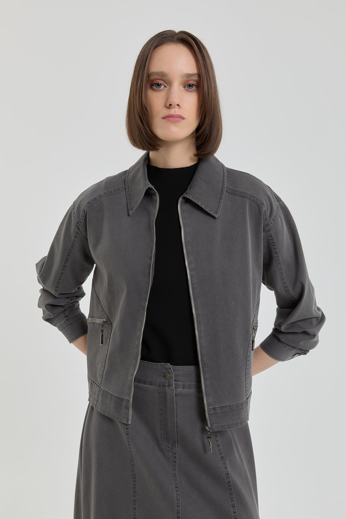 Denim Skirt and Jacket Set with Pocket Details - Dark Gray
