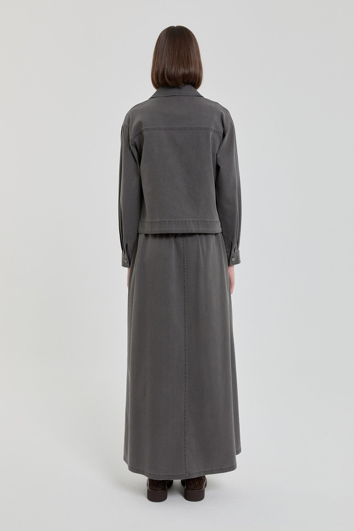 Denim Skirt and Jacket Set with Pocket Details - Dark Gray