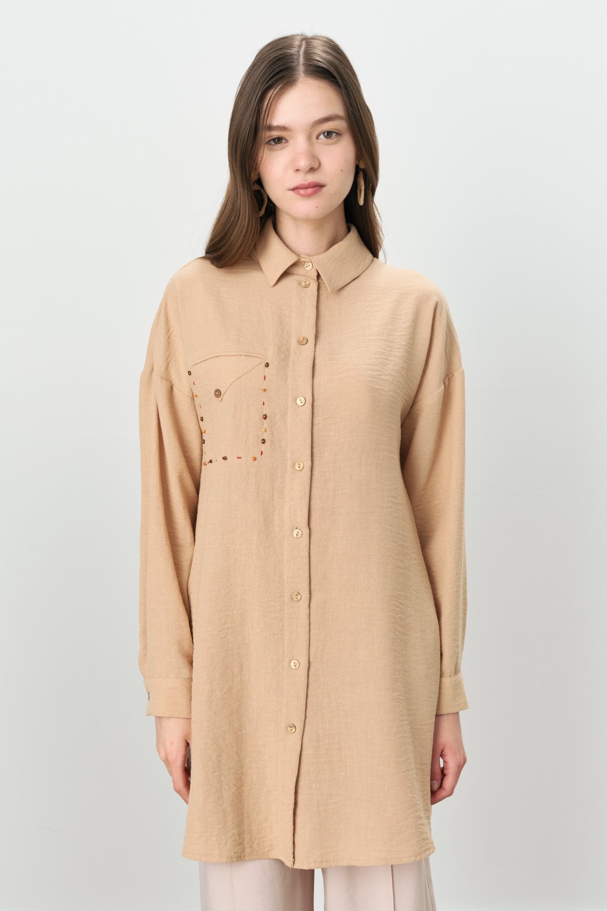 Cep Detaylı Gömlek Yaka Keten Tunik - Camel