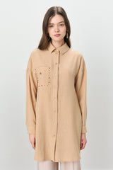 Cep Detaylı Gömlek Yaka Keten Tunik - Camel