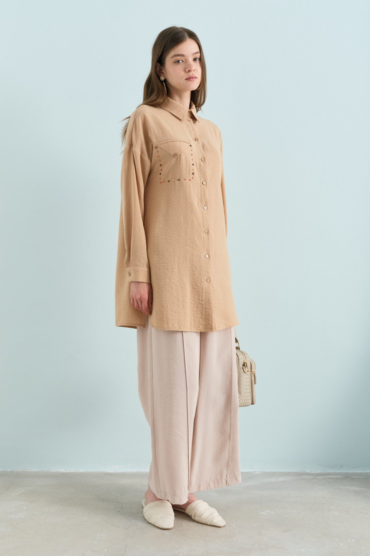 Cep Detaylı Gömlek Yaka Keten Tunik - Camel