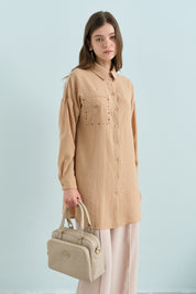 Cep Detaylı Gömlek Yaka Keten Tunik - Camel