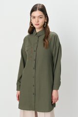 Pocket Detail Shirt Collar Linen Tunic - Khaki