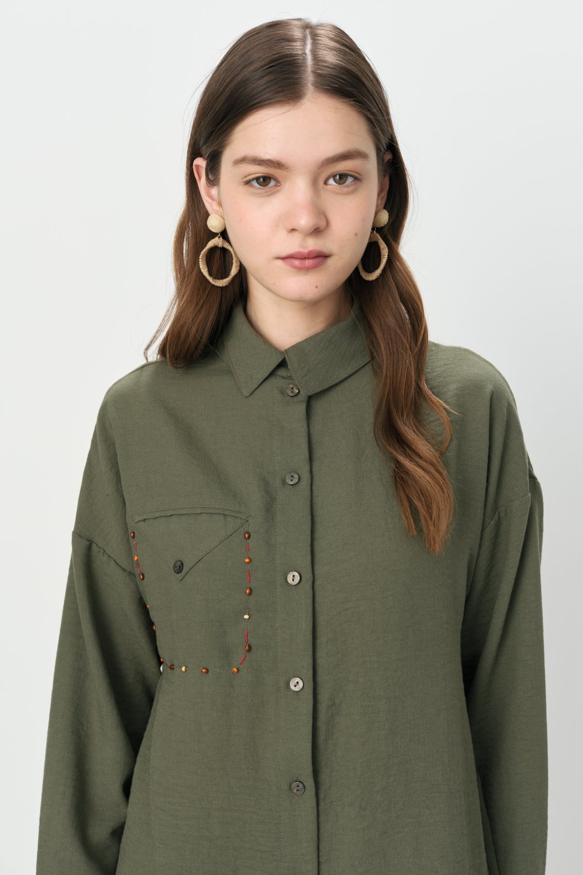 Pocket Detail Shirt Collar Linen Tunic - Khaki