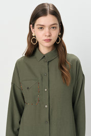 Pocket Detail Shirt Collar Linen Tunic - Khaki