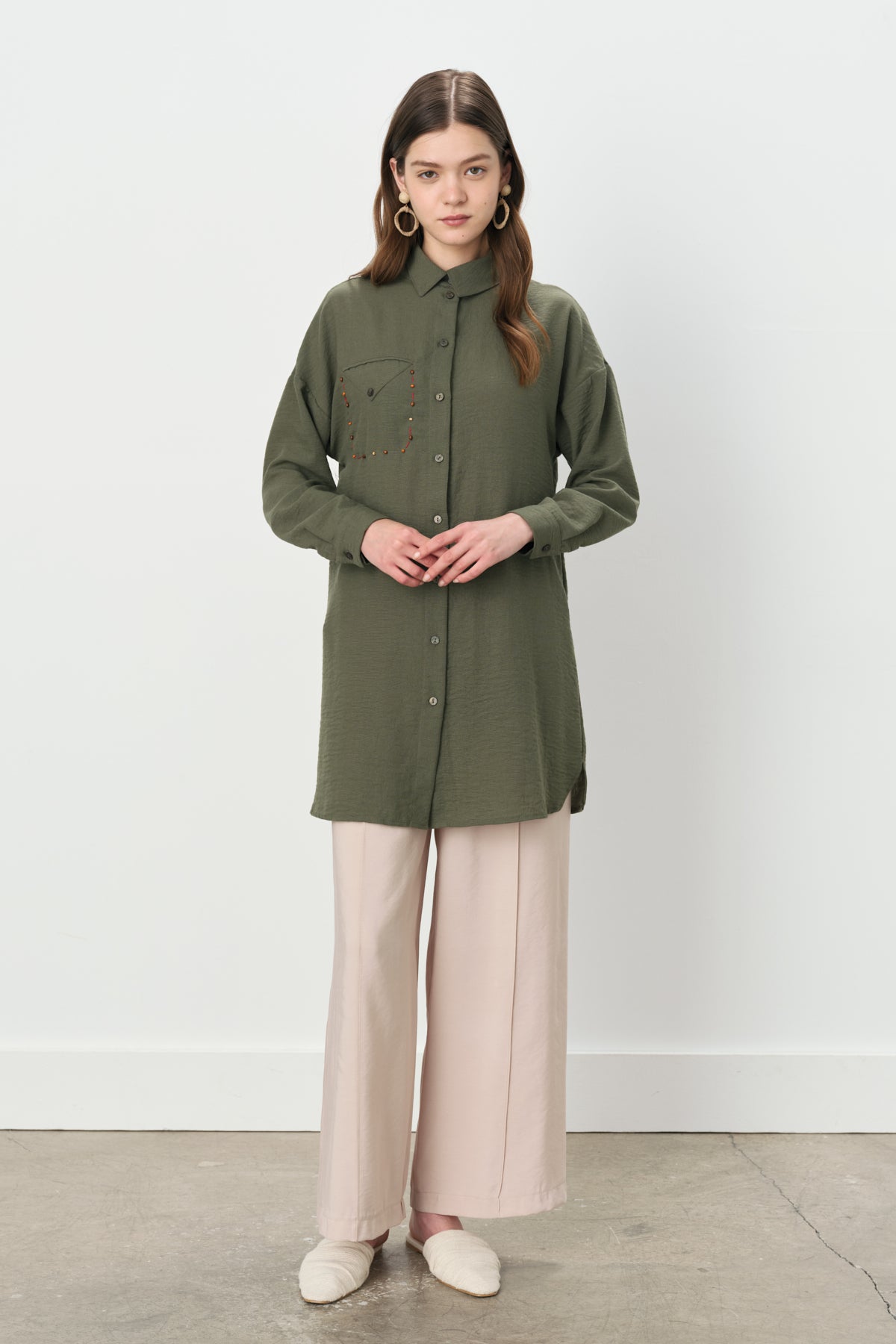 Pocket Detail Shirt Collar Linen Tunic - Khaki