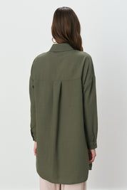 Pocket Detail Shirt Collar Linen Tunic - Khaki