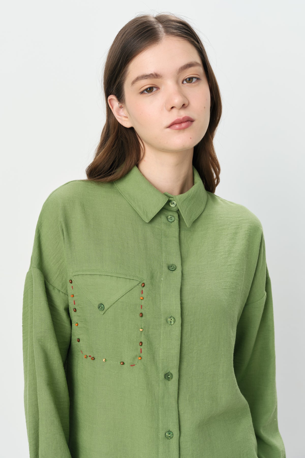 Pocket Detail Shirt Collar Linen Tunic - Green