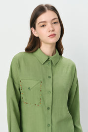 Pocket Detail Shirt Collar Linen Tunic - Green