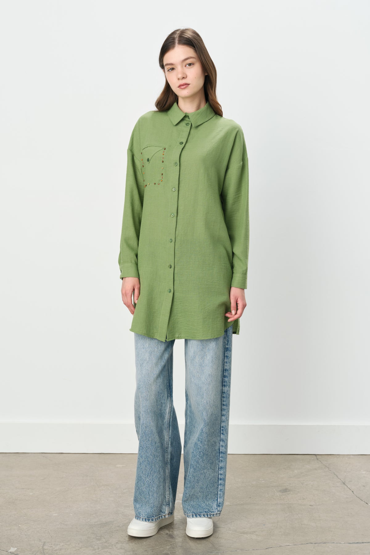 Pocket Detail Shirt Collar Linen Tunic - Green