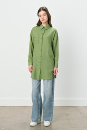 Pocket Detail Shirt Collar Linen Tunic - Green