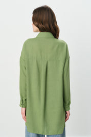 Pocket Detail Shirt Collar Linen Tunic - Green