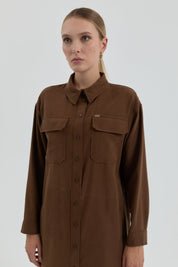 Pocket Detail Shirt Collar Modal Tunic - Light Brown