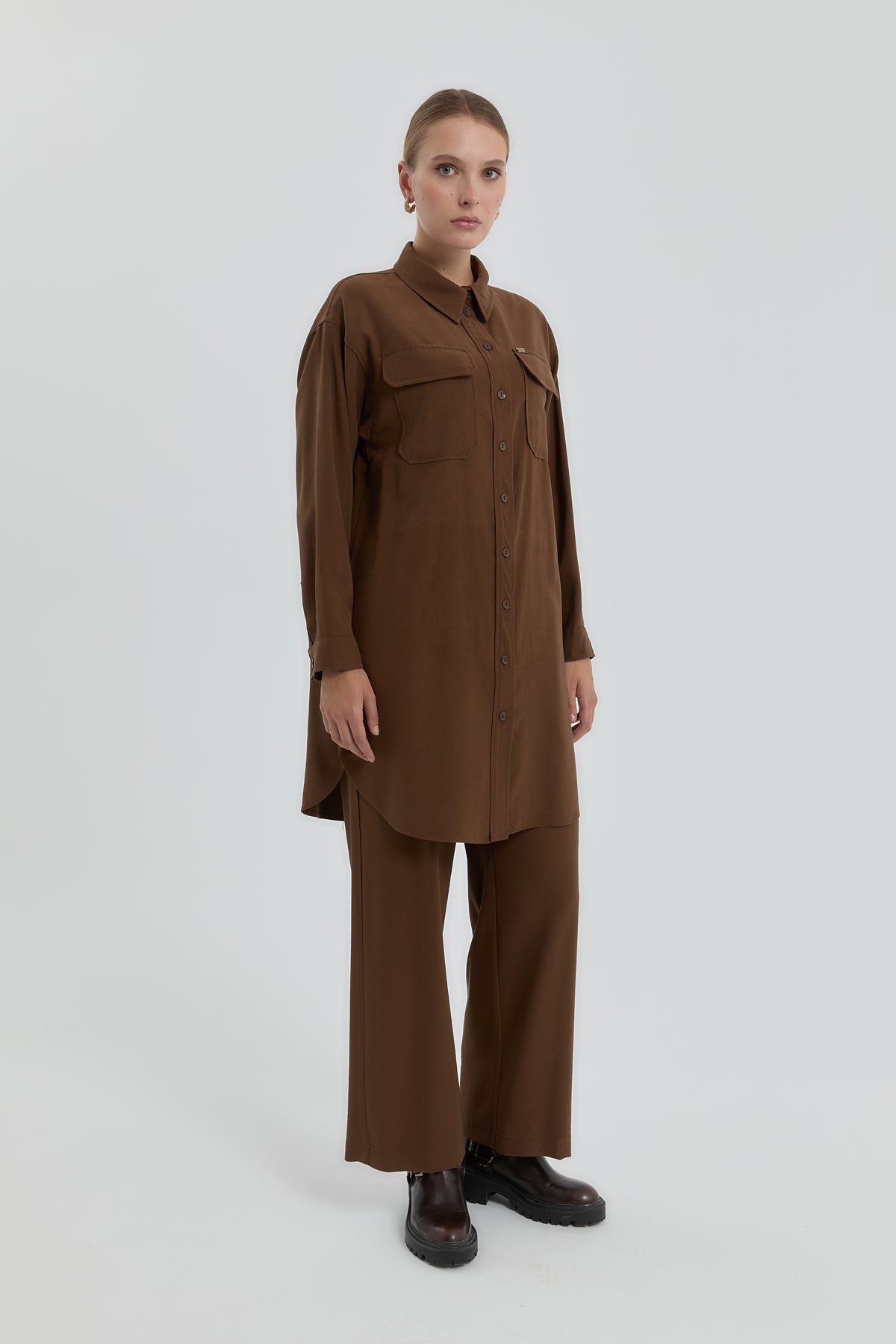Pocket Detail Shirt Collar Modal Tunic - Light Brown