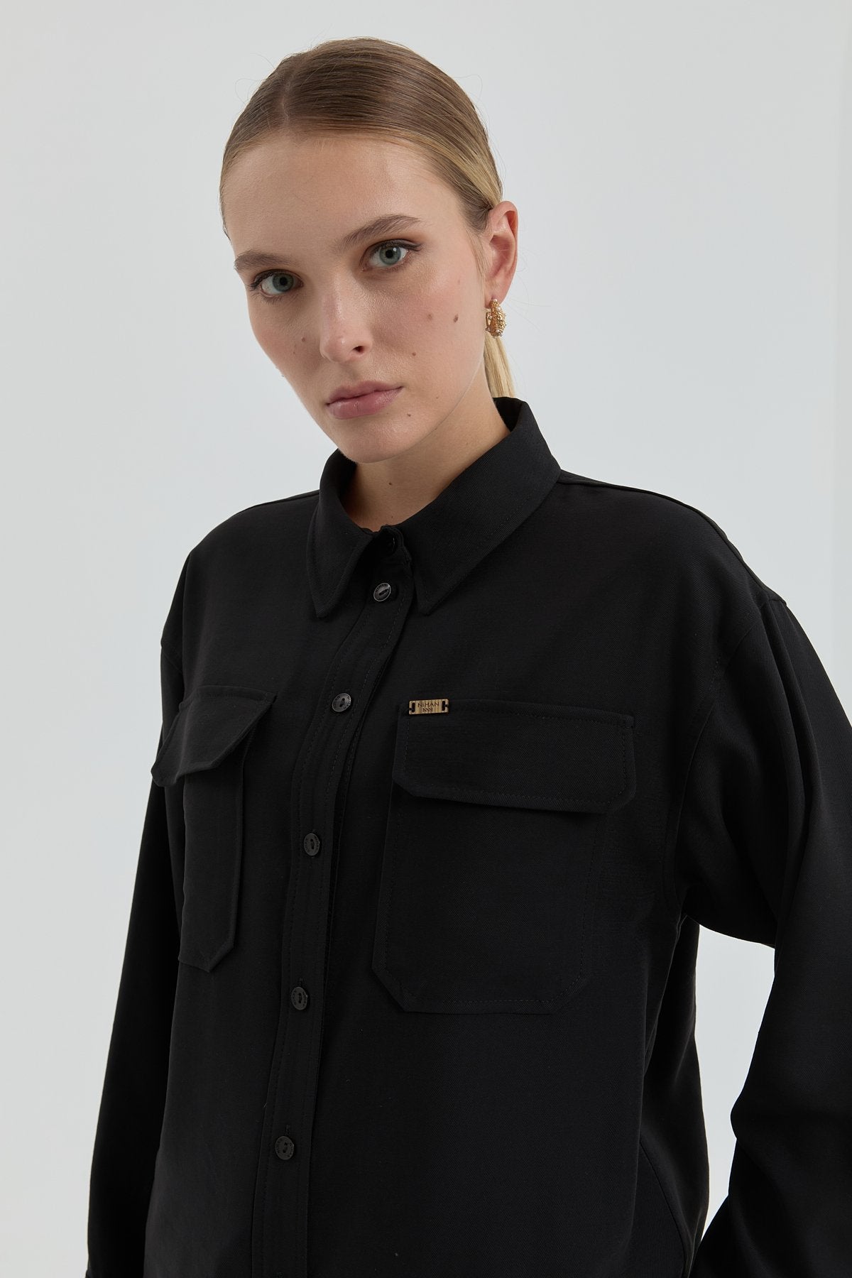 Pocket Detail Shirt Collar Modal Tunic - Black